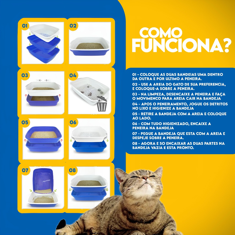 Caixa de Areia Para Gatos Banheira Higiênica Furba 3 Peças Com Bandeja Sanitária e Peneira